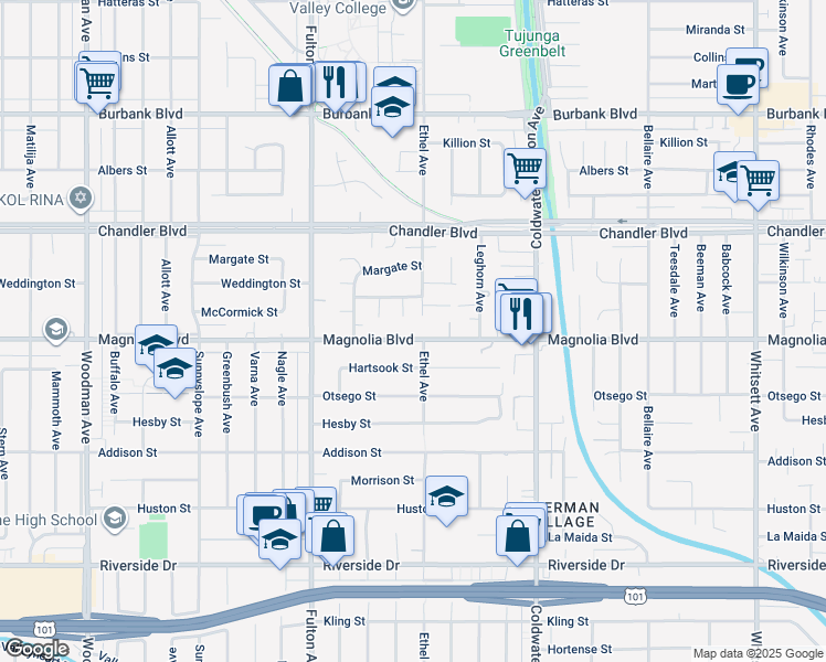 map of restaurants, bars, coffee shops, grocery stores, and more near 13111 Magnolia Boulevard in Los Angeles