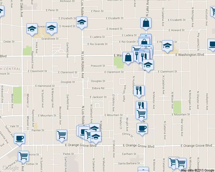 map of restaurants, bars, coffee shops, grocery stores, and more near 590 Douglas Street in Pasadena