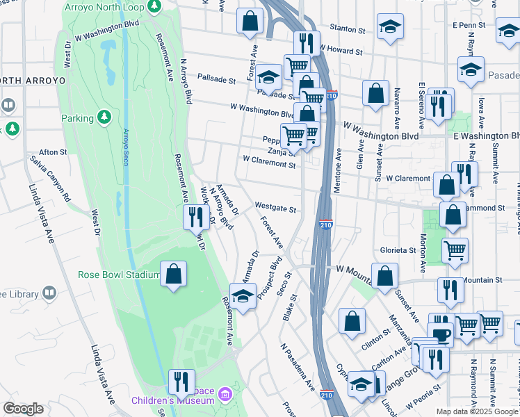 map of restaurants, bars, coffee shops, grocery stores, and more near 575 Westgate Street in Pasadena