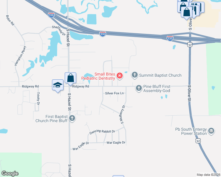map of restaurants, bars, coffee shops, grocery stores, and more near 6007 South Plum Street in Pine Bluff