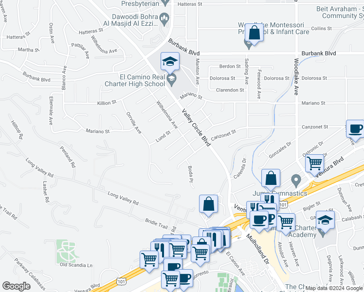map of restaurants, bars, coffee shops, grocery stores, and more near 23711 Ladrillo Street in Los Angeles