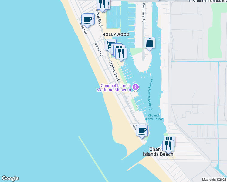 map of restaurants, bars, coffee shops, grocery stores, and more near 3529 Sunset Lane in Oxnard