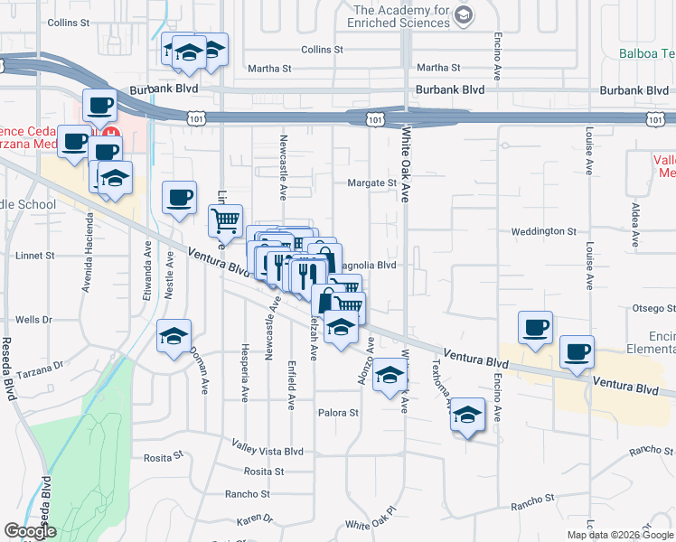 map of restaurants, bars, coffee shops, grocery stores, and more near 17842 Magnolia Boulevard in Los Angeles