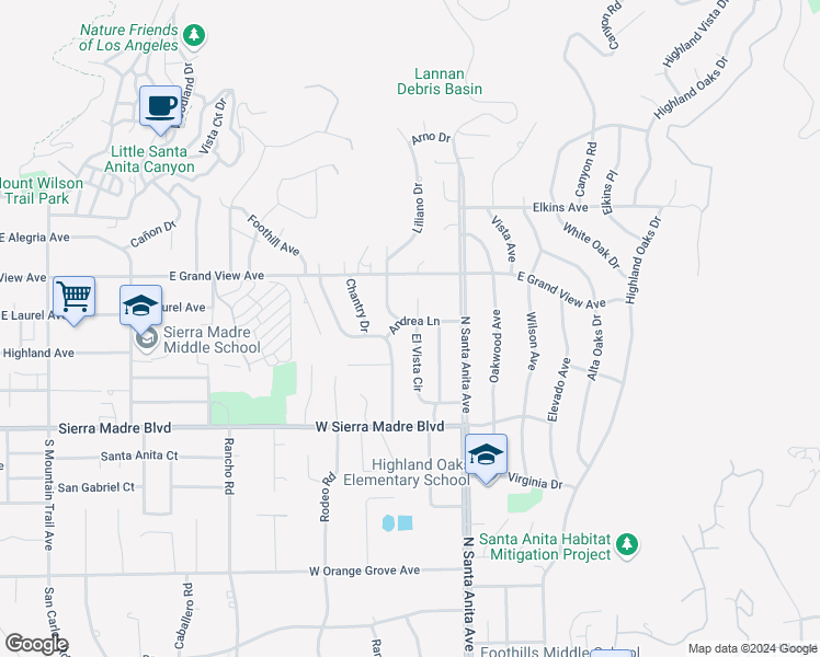 map of restaurants, bars, coffee shops, grocery stores, and more near 1815 El Vista Circle in Arcadia