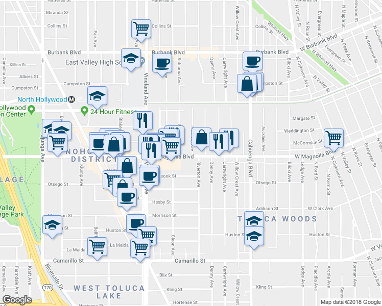 map of restaurants, bars, coffee shops, grocery stores, and more near 10821 West Magnolia Boulevard in Los Angeles
