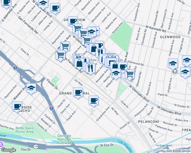 map of restaurants, bars, coffee shops, grocery stores, and more near 1028 Davis Avenue in Glendale