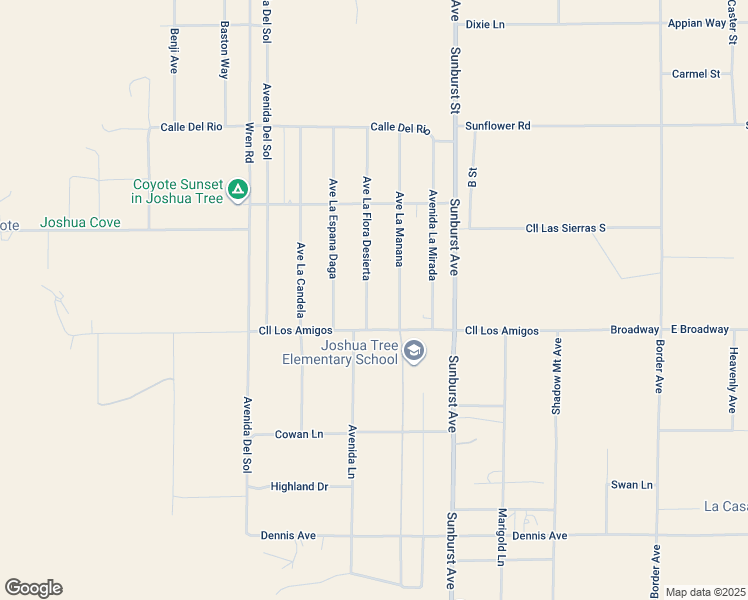 map of restaurants, bars, coffee shops, grocery stores, and more near 4819 Avenue La Flora Desierta in Joshua Tree