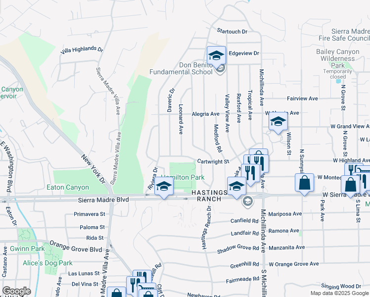 map of restaurants, bars, coffee shops, grocery stores, and more near 1100 Leonard Avenue in Pasadena