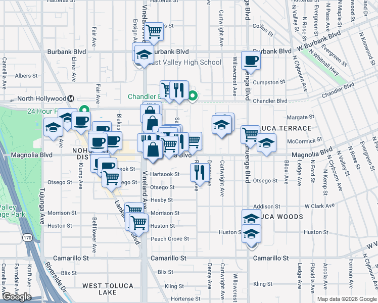 map of restaurants, bars, coffee shops, grocery stores, and more near 10821 West Magnolia Boulevard in Los Angeles