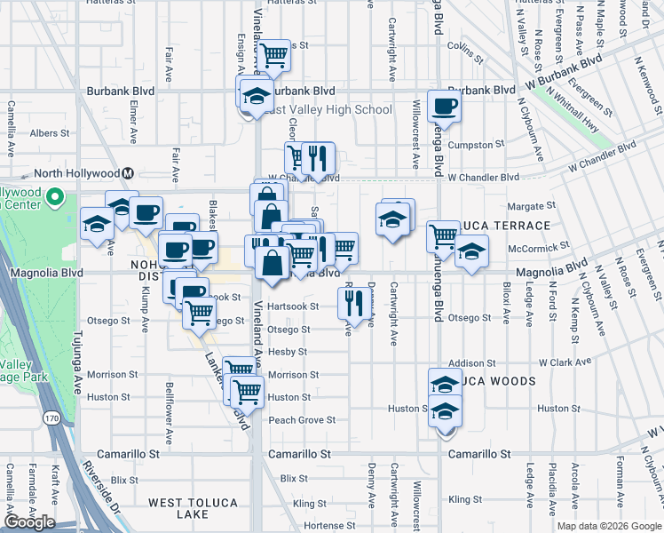 map of restaurants, bars, coffee shops, grocery stores, and more near 5217 Harmony Avenue in Los Angeles