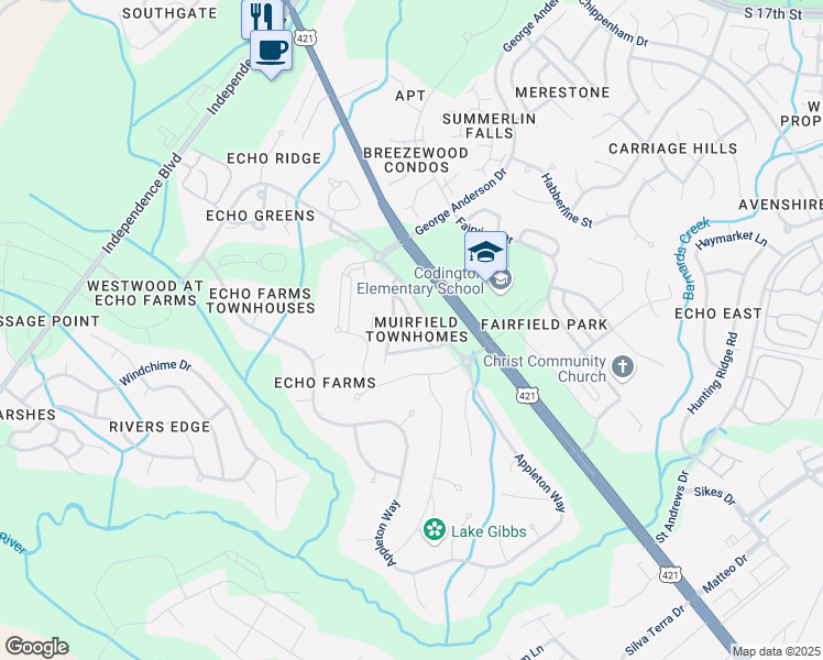 map of restaurants, bars, coffee shops, grocery stores, and more near 4325 Peeble Drive in Wilmington