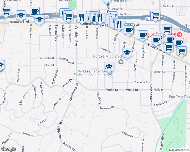 map of restaurants, bars, coffee shops, grocery stores, and more near 5221 Topeka Drive in Los Angeles