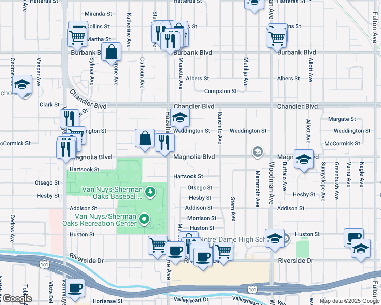 map of restaurants, bars, coffee shops, grocery stores, and more near 14011 Magnolia Boulevard in Los Angeles