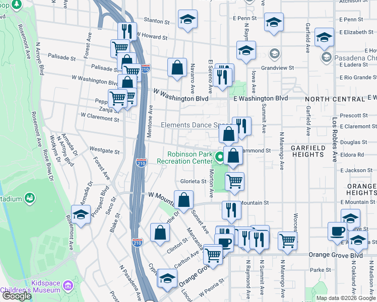 map of restaurants, bars, coffee shops, grocery stores, and more near 1121 Eucalyptus Lane in Pasadena