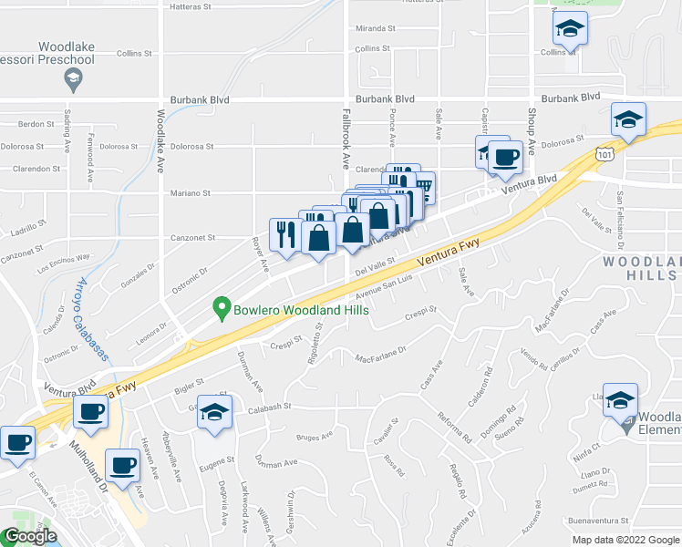 map of restaurants, bars, coffee shops, grocery stores, and more near 5204 Fallbrook Avenue in Los Angeles