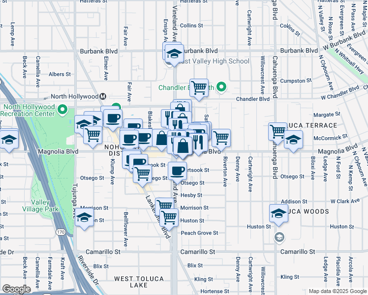 map of restaurants, bars, coffee shops, grocery stores, and more near 5219 Craner Avenue in Los Angeles