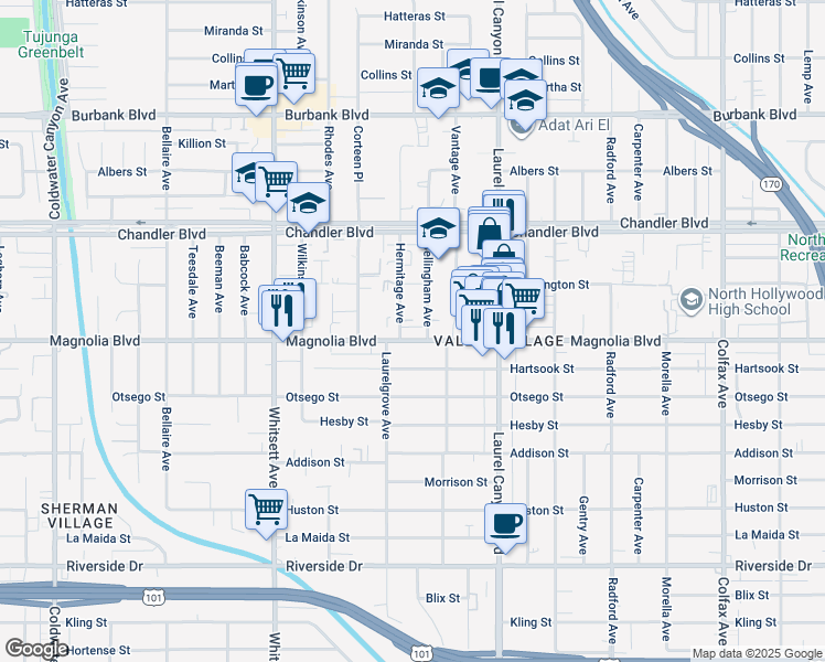 map of restaurants, bars, coffee shops, grocery stores, and more near 12235 Magnolia Boulevard in Los Angeles