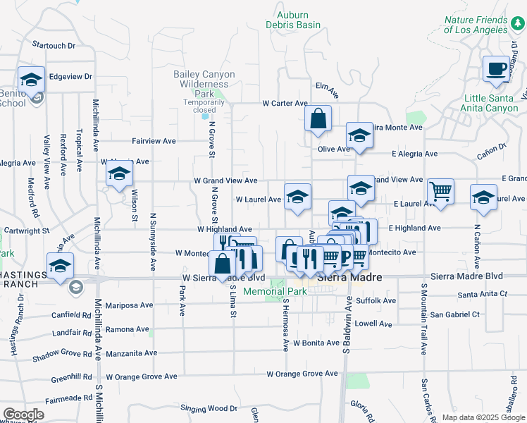 map of restaurants, bars, coffee shops, grocery stores, and more near 200 Adams Street in Sierra Madre