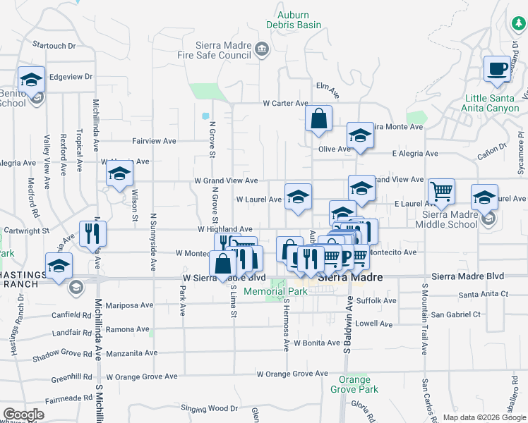 map of restaurants, bars, coffee shops, grocery stores, and more near 187 Adams Street in Sierra Madre
