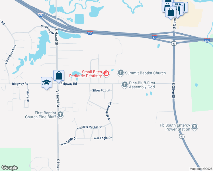 map of restaurants, bars, coffee shops, grocery stores, and more near 6100 South Mulberry Street in Pine Bluff