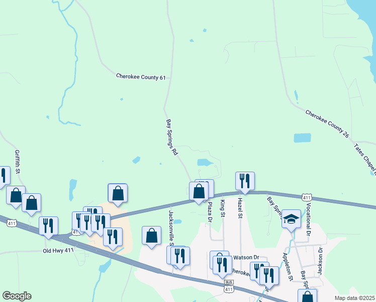 map of restaurants, bars, coffee shops, grocery stores, and more near 1206 Bay Springs Road in Centre