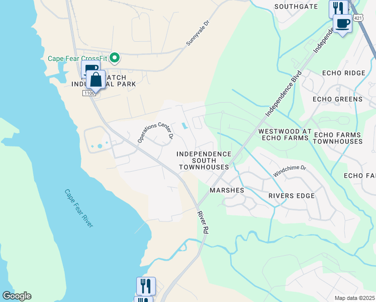 map of restaurants, bars, coffee shops, grocery stores, and more near Coleman Drvie in Wilmington