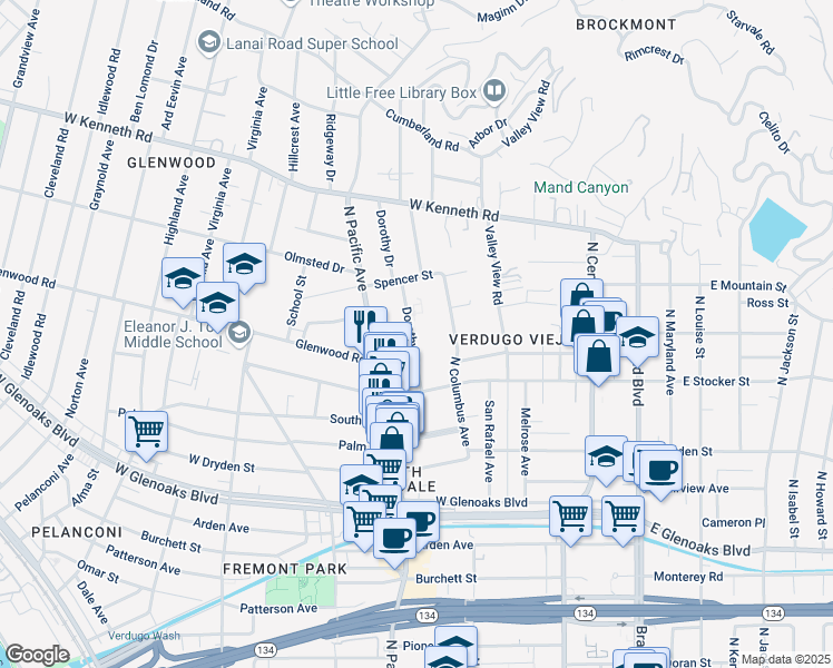 map of restaurants, bars, coffee shops, grocery stores, and more near 1300 Dorothy Drive in Glendale