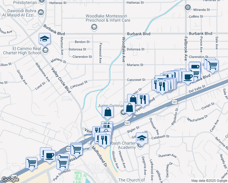 map of restaurants, bars, coffee shops, grocery stores, and more near 23249 Gonzales Drive in Los Angeles