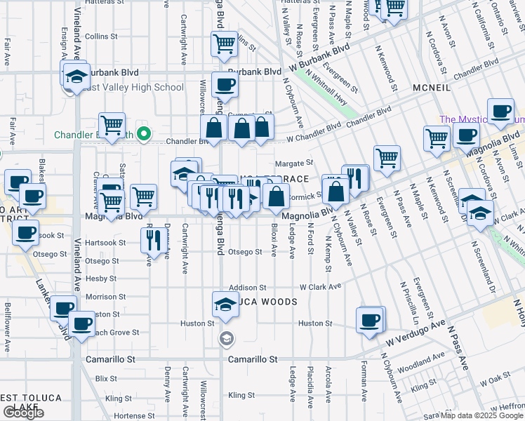 map of restaurants, bars, coffee shops, grocery stores, and more near 10455 Magnolia Boulevard in Los Angeles
