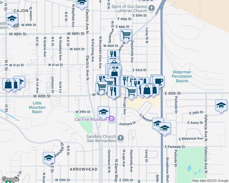 map of restaurants, bars, coffee shops, grocery stores, and more near in San Bernardino