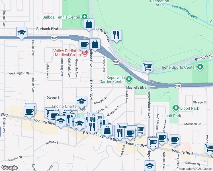 map of restaurants, bars, coffee shops, grocery stores, and more near 16753 Magnolia Boulevard in Los Angeles