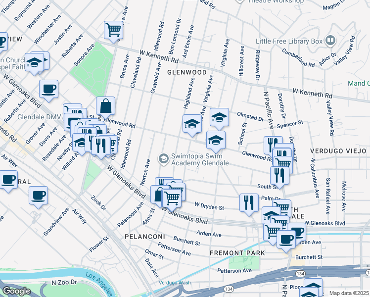 map of restaurants, bars, coffee shops, grocery stores, and more near 1243 Virginia Avenue in Glendale
