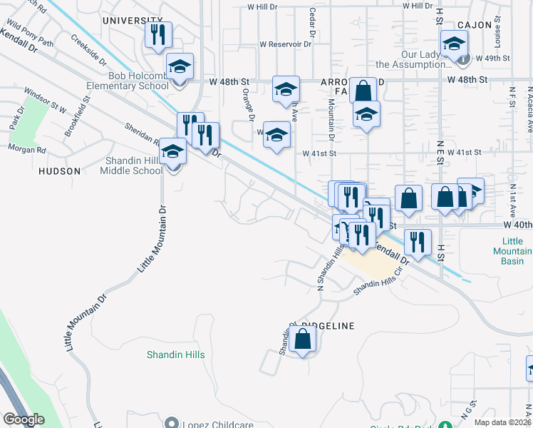 map of restaurants, bars, coffee shops, grocery stores, and more near 1265 Kendall Drive in San Bernardino