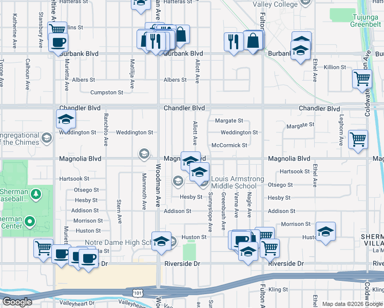 map of restaurants, bars, coffee shops, grocery stores, and more near 5224 Allott Avenue in Los Angeles