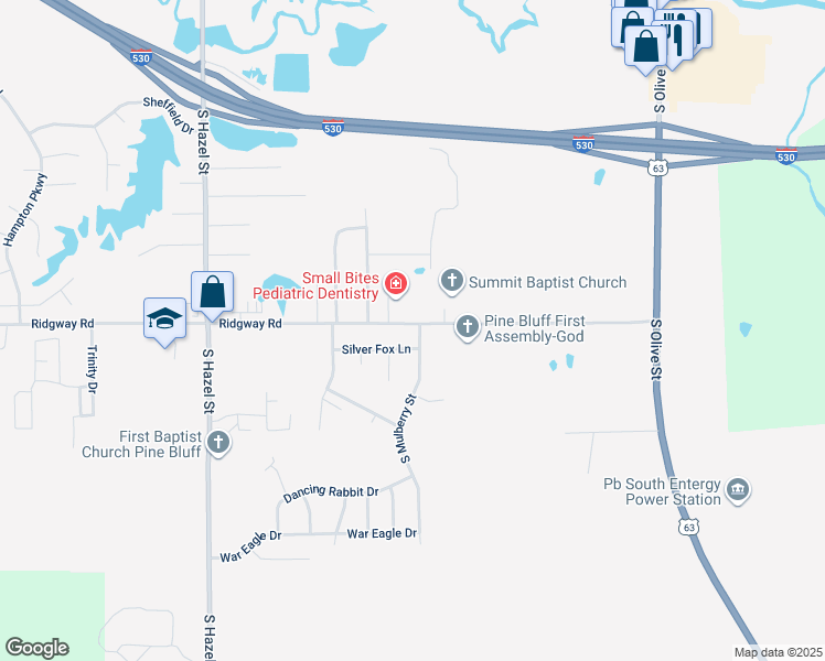 map of restaurants, bars, coffee shops, grocery stores, and more near 6100 South Mulberry Street in Pine Bluff