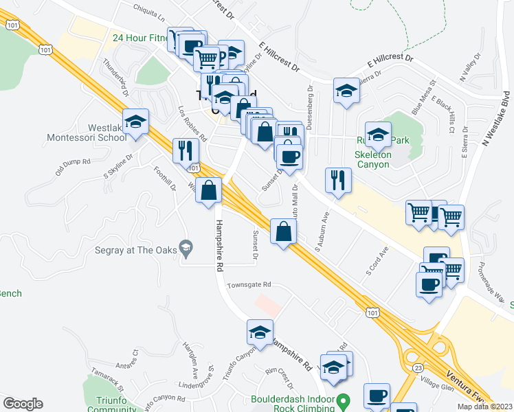 map of restaurants, bars, coffee shops, grocery stores, and more near 3304 Holly Grove Street in Thousand Oaks