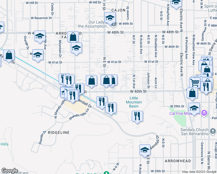 map of restaurants, bars, coffee shops, grocery stores, and more near 4027 North H Street in San Bernardino