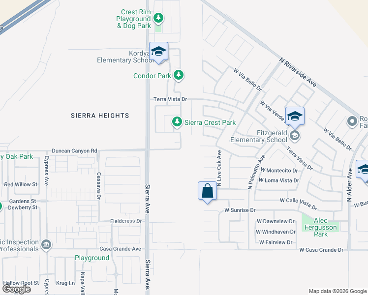 map of restaurants, bars, coffee shops, grocery stores, and more near 4880 Condor Avenue in Fontana