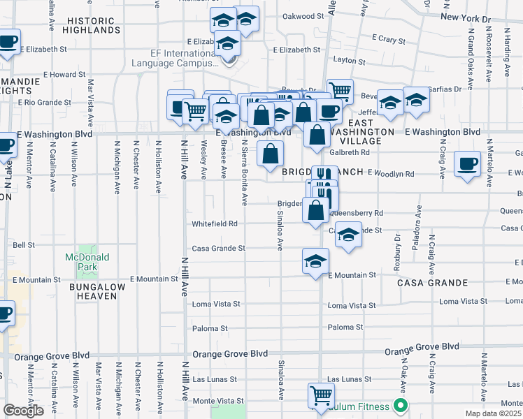 map of restaurants, bars, coffee shops, grocery stores, and more near in Pasadena