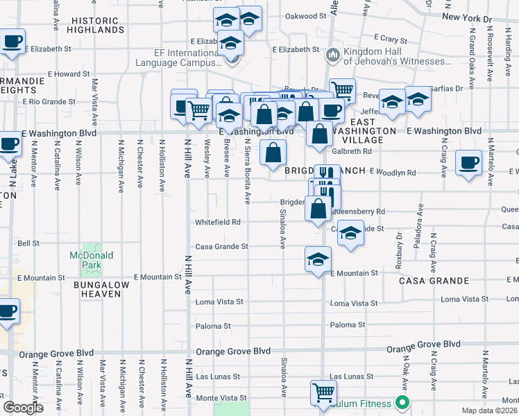map of restaurants, bars, coffee shops, grocery stores, and more near in Pasadena