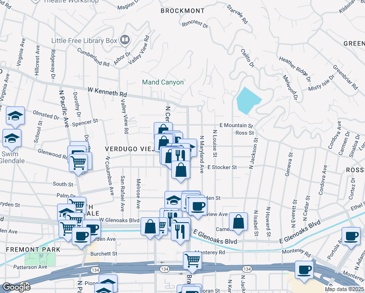map of restaurants, bars, coffee shops, grocery stores, and more near 1303 North Brand Boulevard in Glendale