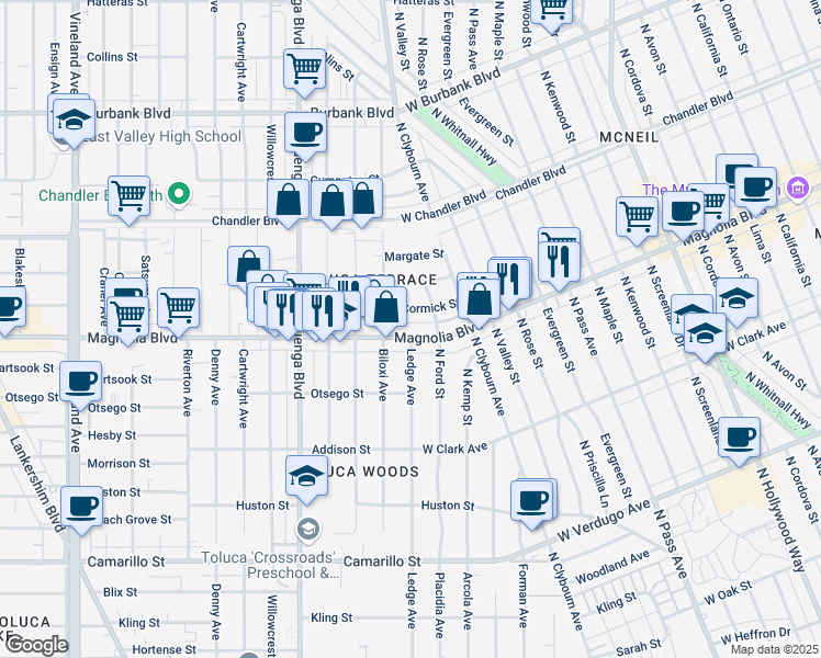 map of restaurants, bars, coffee shops, grocery stores, and more near 10410 McCormick Street in Los Angeles