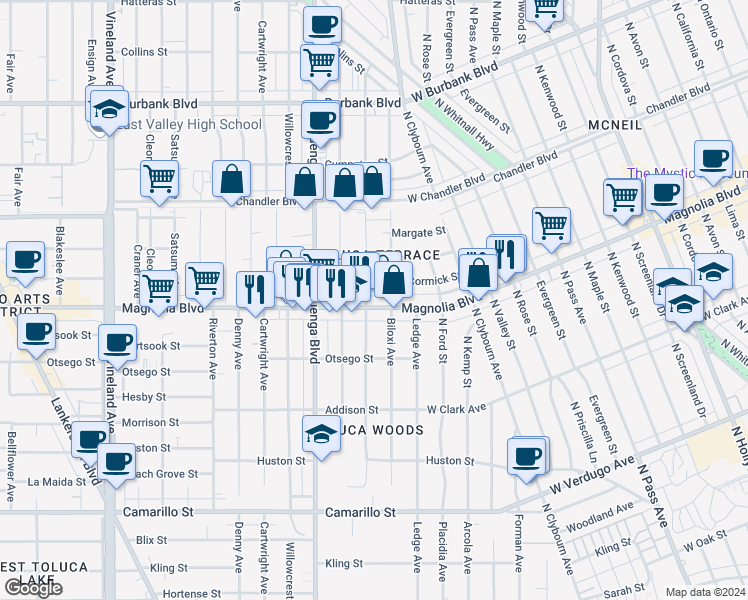 map of restaurants, bars, coffee shops, grocery stores, and more near 5214 Strohm Avenue in Los Angeles