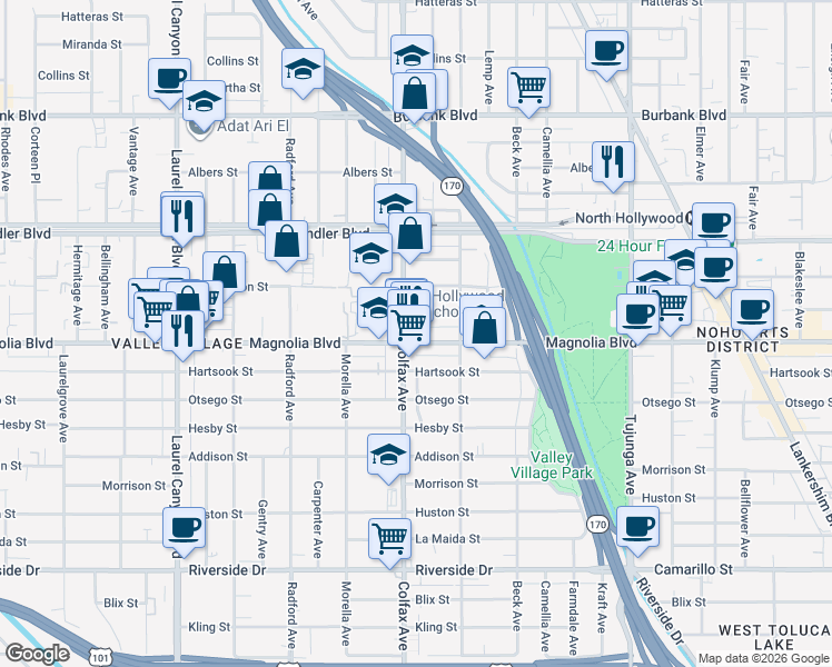 map of restaurants, bars, coffee shops, grocery stores, and more near in Los Angeles
