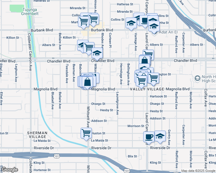 map of restaurants, bars, coffee shops, grocery stores, and more near 5223 Corteen Place in Los Angeles