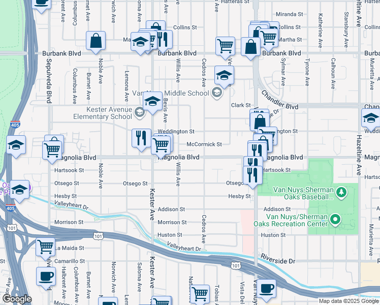 map of restaurants, bars, coffee shops, grocery stores, and more near 14756 McCormick Street in Los Angeles