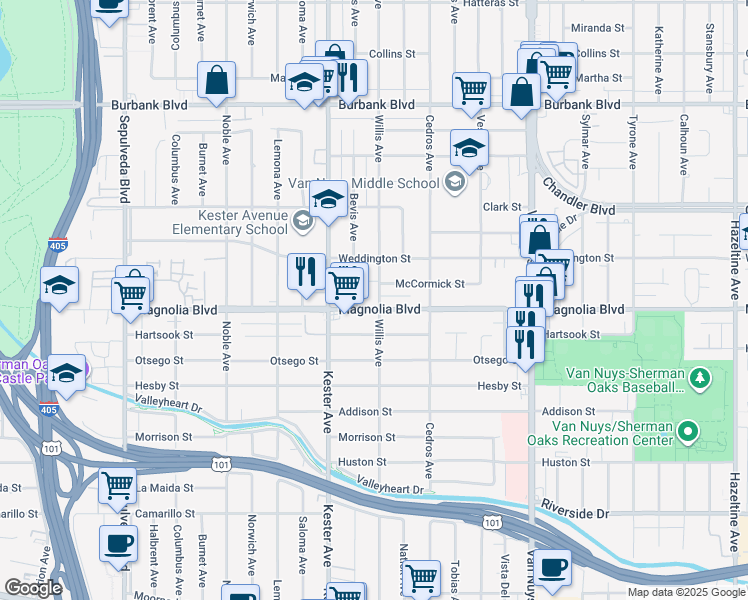 map of restaurants, bars, coffee shops, grocery stores, and more near 14756 McCormick Street in Los Angeles