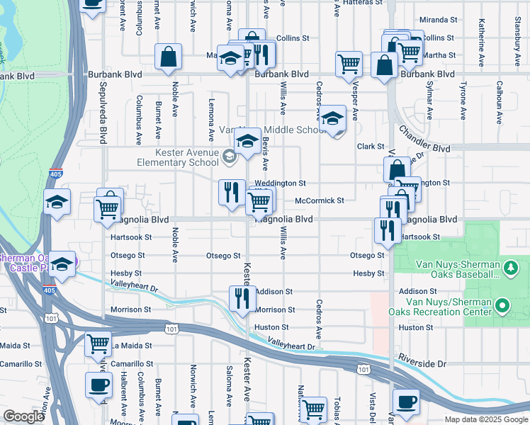 map of restaurants, bars, coffee shops, grocery stores, and more near 14830 McCormick Street in Los Angeles