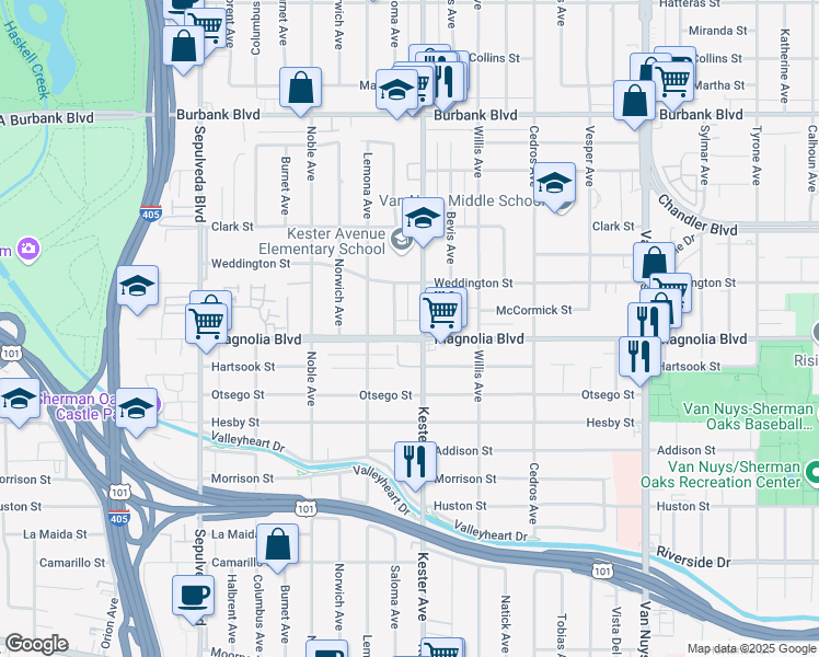 map of restaurants, bars, coffee shops, grocery stores, and more near 5222 Saloma Avenue in Los Angeles