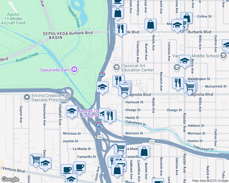 map of restaurants, bars, coffee shops, grocery stores, and more near 15315 West Magnolia Boulevard in Los Angeles